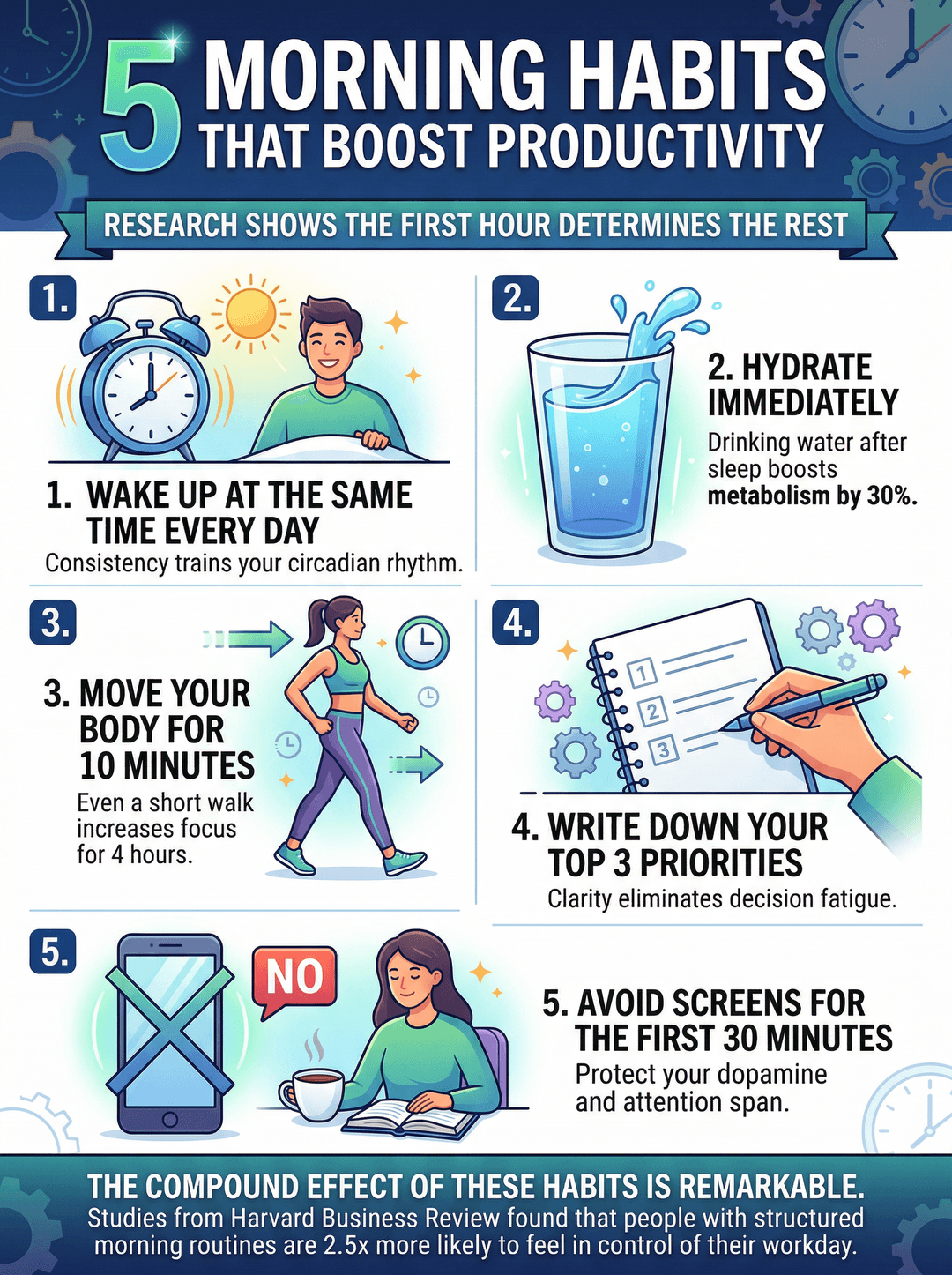 AI generated infographic - 5 Morning Habits That Boost Productivity